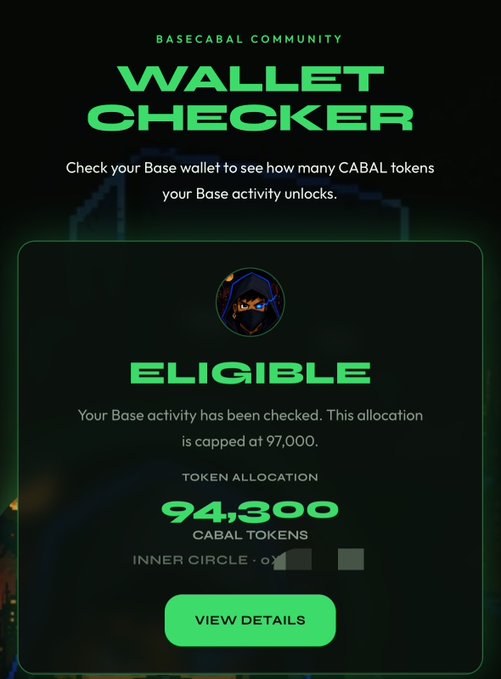 A digital wallet checker screen for the Basecabal Community showing an 'ELIGIBLE' status with a token allocation of 94,300 CABAL tokens (capped at 97,000) for a Base wallet.