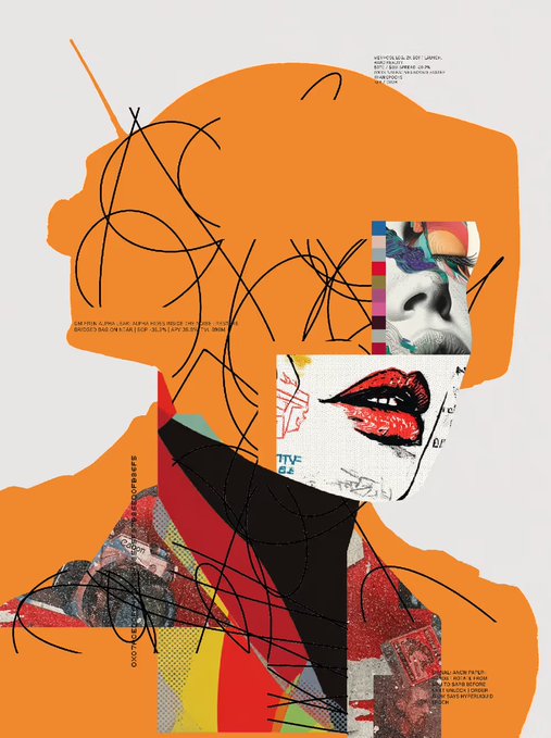 A digital collage artwork featuring a vibrant orange silhouette overlaid with scribbled lines, classical bust imagery, and a red lip graphic, accompanied by small production-style text.