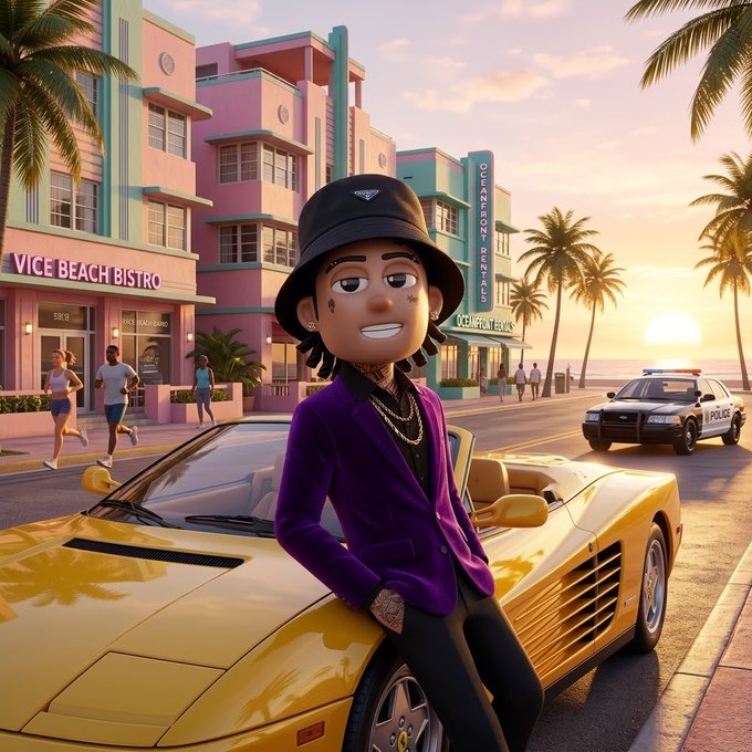 An animated cartoon character in a purple suit and black bucket hat leaning against a yellow Ferrari in front of a "VICE BEACH BISTRO" at sunset, with a police car nearby.