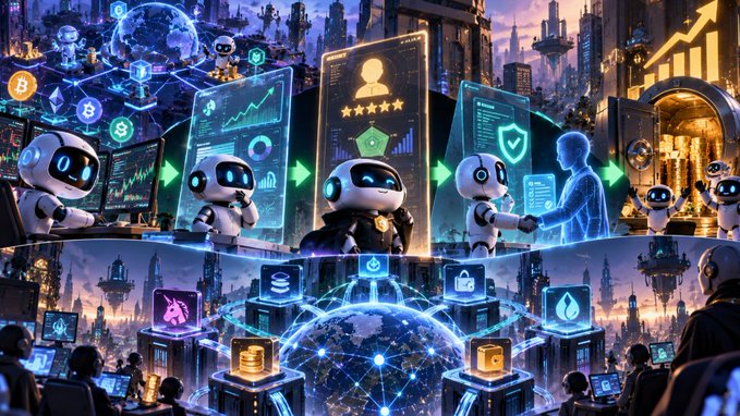 A vibrant, futuristic digital illustration depicting a network of AI robots, holographic interfaces, cryptocurrency symbols, and digital human figures interacting within a neon-lit cityscape.
