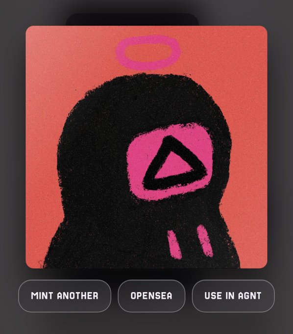 A stylized digital artwork displayed in a minting interface shows a black hooded figure with a pink YouTube play button logo on its face and a pink halo above its head, set against a textured coral-pink background. Below the artwork are three buttons reading "MINT ANOTHER," "OPENSEA," and "USE IN AGNT," confirming the successful minting of the NFT referenced in the post.