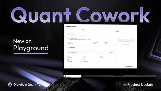 The image is a promotional graphic featuring a laptop displaying the "Playground" interface with a "Quant Cowork" strategy dashboard, overlaid with the text "Quant Cowork — New on Playground — Oraichain Quant Terminal." It visually introduces the launch of Quant Cowork, aligning with the post's announcement of the new backtesting tool for XAU and FX trading strategies now available at quant.orai.io.