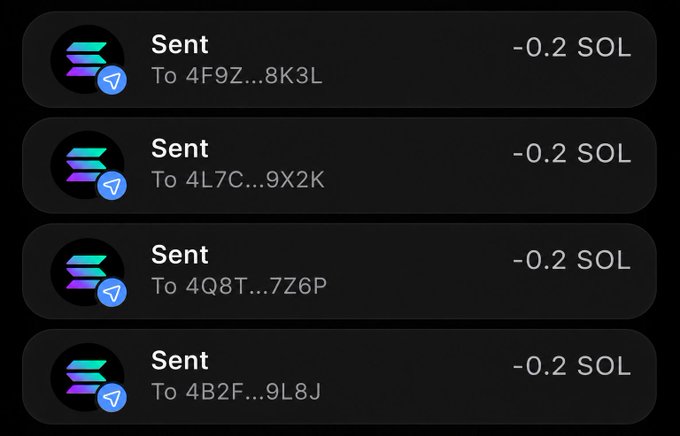 A mobile wallet transaction history showing four successful sends of 0.2 SOL each to different addresses (4F9Z...8K3L, 4L7C...9X2K, 4Q8T...7Z6P, 4B2F...9L8J), visually confirming the post's claim of randomly distributing $SOL to followers.