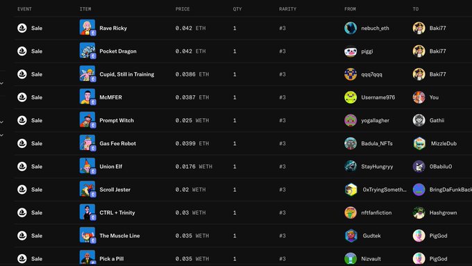 A cryptocurrency marketplace transaction history displays multiple NFT sales including items like "Rave Ricky," "Pocket Dragon," "Cupid Still in Training," and "McMFER" with prices ranging from 0.0176 WETH to 0.042 ETH, all marked with rarity #3.