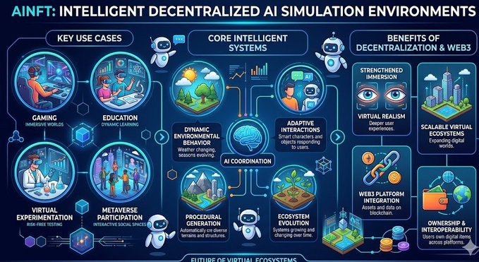 The image features a large blue poster with various illustrations depicting different aspects of intelligent AI simulations. The poster includes information about the benefits of intelligent AI simulations, such as gaming, education, virtual experimentation, and metaverse participation across digital ecosystems. The poster also highlights the importance of core intelligence in these systems.