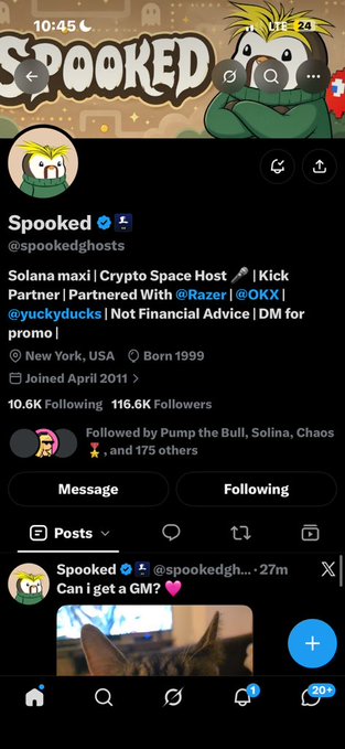 A Twitter/X profile page shows the account "Spooked" (@spookedghost) with 116.6K followers, describing itself as a Solana maxi and Crypto Space Host.