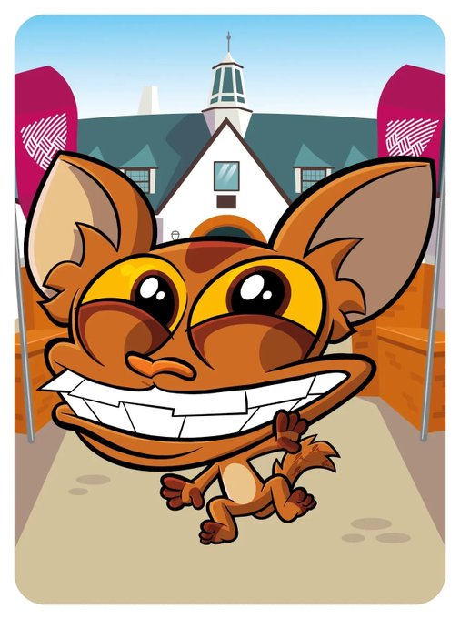 Cartoon artwork of a brown creature with large yellow eyes and a wide toothy grin, standing in front of a building that resembles a school.
