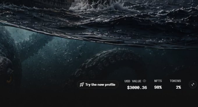 A dark, dramatic image of an underwater tentacle scene with a profile overlay showing 'USD VALUE $3000.36,' 'NFTS 98%,' and 'TOKENS 2%' alongside a 'Try the new profile' button.