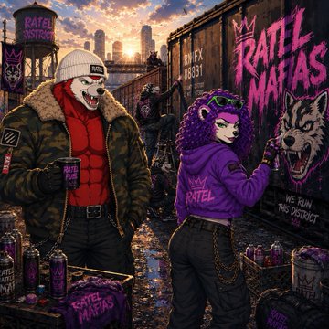 A vibrant illustrated artwork depicts anthropomorphic wolf characters in an urban setting with 'Ratel Mafias' and 'BN FX 8931' graffiti on train cars, one wearing a white beanie and another in a purple hoodie, in a scene branded as 'Ratel District'.