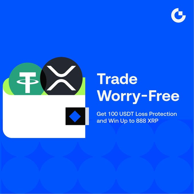 A promotional graphic with a blue background features a white wallet illustration containing Tether (USDT) and XRP coin logos, alongside text reading "Trade Worry-Free: Get 100 USDT Loss Protection and Win Up to 888 XRP," directly corresponding to the accompanying post's offer of loss protection and XRP rewards for new futures traders.