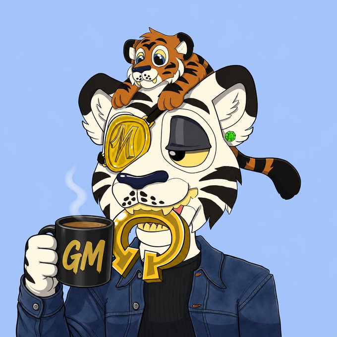 Illustration of an anthropomorphic zebra wearing a gold 'M' monocle, denim jacket, and gold teeth, holding a steaming black 'GM' coffee mug, with a small tiger cub on its head.