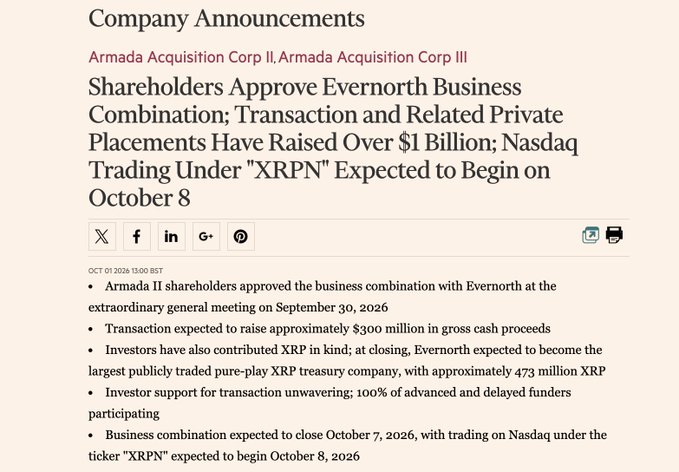 A company announcement webpage from Armada Acquisition Corp II and III titled 'Shareholders Approve Evernorth Business Combination; Transaction and Related Private Placements Have Raised Over $1 Billion; Nasdaq Trading Under "XRPN" Expected to Begin on October 8', dated October 01, 2026.