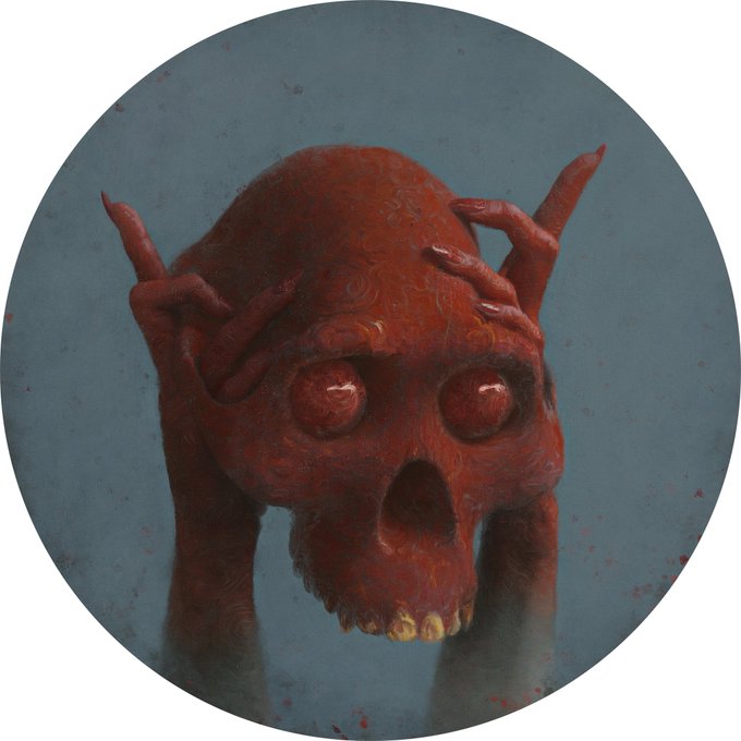 The image features an illustration of a skull with red eyes and hands holding its head up against a blue background. The skull appears to be made out of paint, giving it a unique and artistic appearance. The image also includes text that reads "Iconic sale on GONDI: Skull of Luci, Transferred Violence by Sam Spratt sold for 350,000 USDC." This suggests that the artwork is being sold at an auction or through a platform like eBay, where collectors can bid on pieces from artists such as this one. The image also includes a reference to "GONDI's Purchase Bundler" and "Focus on what is in the image and how it relates to the post," which could be related to the sale of the artwork or the auction process.