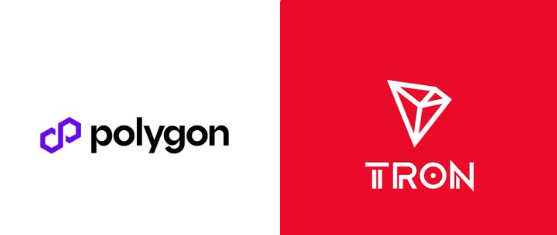 A logo comparison showing the Polygon cryptocurrency logo on a white background next to the TRON cryptocurrency logo on a red background.