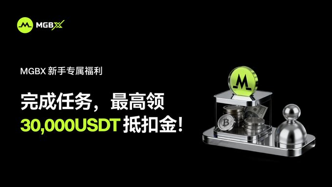 A promotional banner for MGBX features the "MGBX 新手专属福利" (Newbie Exclusive Benefits) program, advertising up to 30,000 USDT in vouchers for completing newbie tasks. The design showcases stacks of Bitcoin and other coins alongside a silver figurine on a black background, with the MGBX logo in the top-left corner.