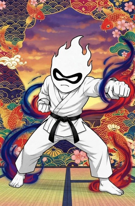 Illustration of an Inferno Saix character from Kingdom Hearts in karate attire with a flame head, posed in front of a Japanese-style background with koi and waves.
