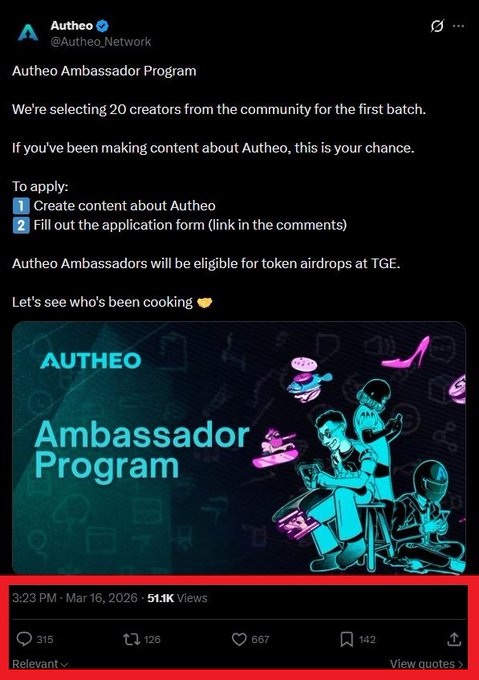 A screenshot of a Twitter/X post from Autheo (@Autheo_Network) announcing the Autheo Ambassador Program, selecting 20 creators for the first batch, with instructions to create content and fill out an application form for eligibility for token airdrops at TGE, dated Mar 16, 2026, with 51.1K views.