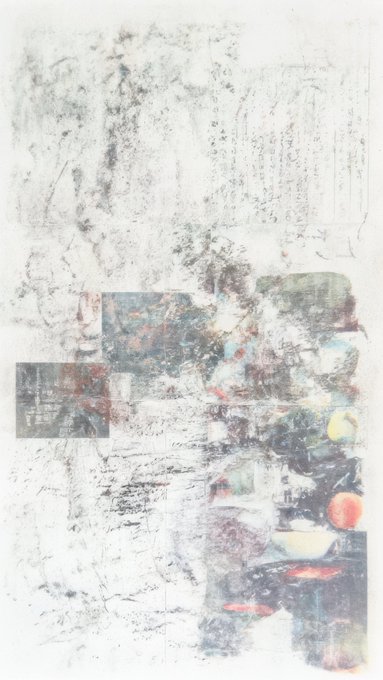 An abstract mixed-media artwork featuring faded script, grayscale textures, and collaged photographic elements with red and green tones arranged in a vertical composition.