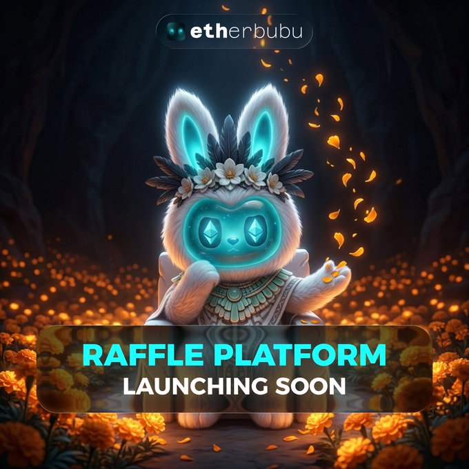 The image features a cute white bunny-like character with glowing blue diamond eyes, wearing a flower crown and turquoise jewelry, standing in a field of marigolds with floating orange petals, announcing "etherbubu RAFFLE PLATFORM LAUNCHING SOON." This visually represents the exciting new rewards-based raffle platform for the Etherbubu community, with the charming mascot embodying the fun, engaging nature of the upcoming launch.