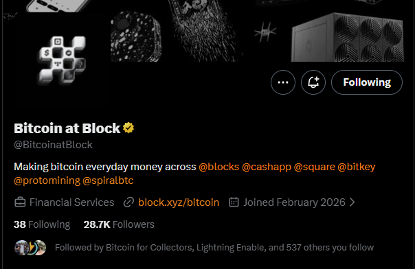 A Twitter/X profile page for 'Bitcoin at Block' (@BitcoinatBlock), a financial services account with 28.7K followers, joined February 2026, with the link block.xyz/bitcoin.