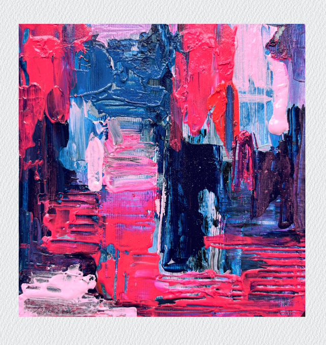 An abstract painting featuring thick, textured impasto brushstrokes in vibrant shades of pink, red, blue, and black.