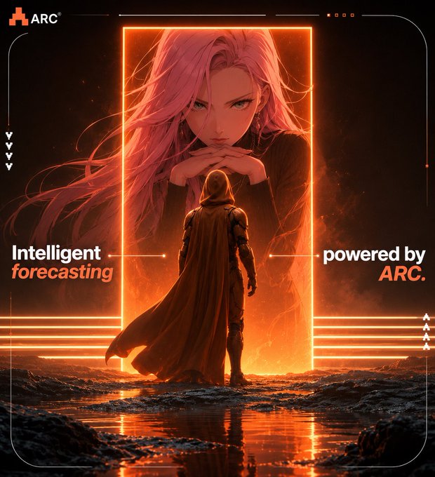 An ARC promotional image featuring a hooded figure facing a large pink-haired woman within an orange neon frame, captioned 'Intelligent forecasting powered by ARC.'