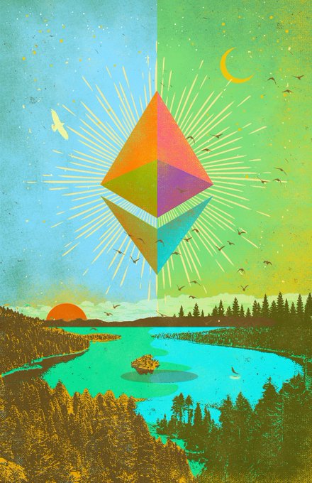A stylized illustration features a glowing Ethereum logo radiating light over a serene landscape with a teal lake, evergreen forests, a rising sun, and a crescent moon in a sky with flying birds.