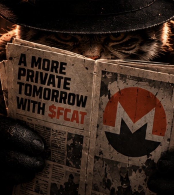 A cat wearing a black hat peeks over a newspaper displaying the Monero cryptocurrency logo and the headline 'A MORE PRIVATE TOMORROW WITH $FCAT'.