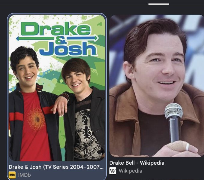 A mobile image search result displaying the cover art for the Nickelodeon series "Drake & Josh" alongside a Wikipedia photo of actor Drake Bell.