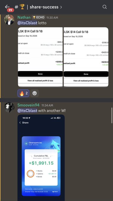 A screenshot of a Discord chat where users share their trading success, including a $30.00 profit on CLSK $14 Call trades from Nathan and a $1,991.15 cumulative P&L from Smoovein94, illustrating the big wins on $MU and $CLSK mentioned in the post.