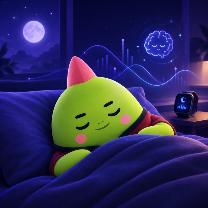 A 3D-rendered illustration of a cute green character with closed eyes and a pink horn sleeping in a purple bed under a starry night sky, with a smart watch displaying a sleep icon on the nightstand.
