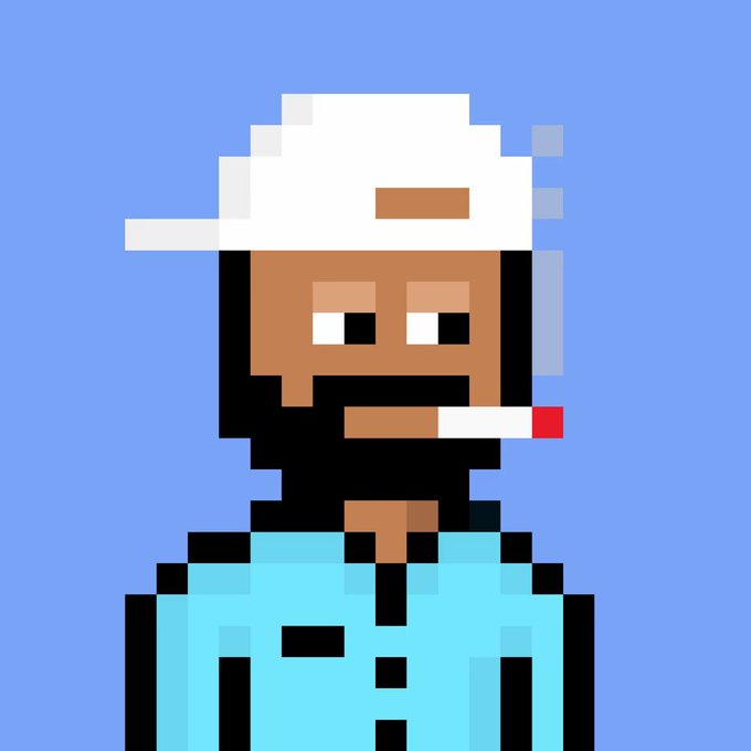 Pixel art illustration of a bearded Black man wearing a white backwards cap and a light blue shirt, smoking a cigarette with a red tip against a blue background.