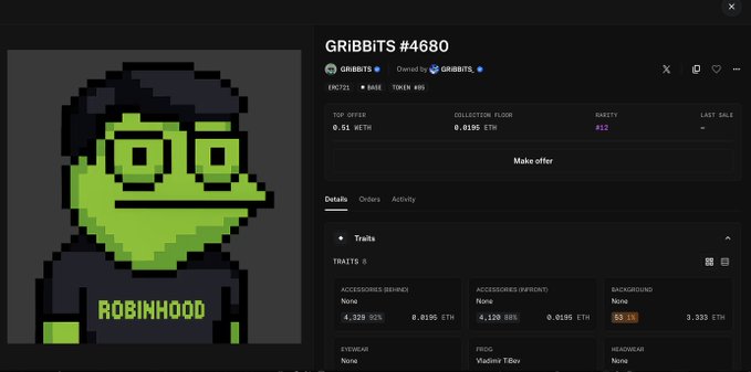 An NFT listing page on OpenSea for GRIBBITS #4680, a pixel art character wearing a 'ROBINHOOD' shirt, priced at 0.58 ETH with a rarity score of #32.
