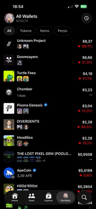 A screenshot of a cryptocurrency wallet app displaying 'All Wallets' with a total of $230,73, listing various tokens like 'Unknown Project', 'Doomsayers', 'Turtle Fees', and 'Pixona Genesis' with their respective values and percentage changes.