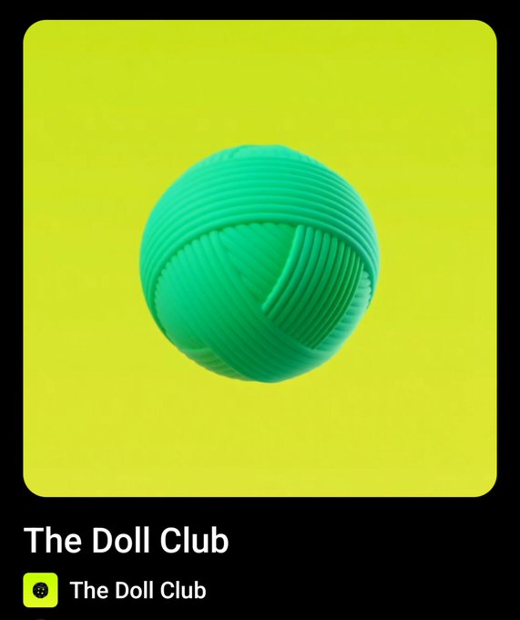 A green 3D-rendered ball of yarn on a lime green background, displayed as a profile card for 'The Doll Club'.