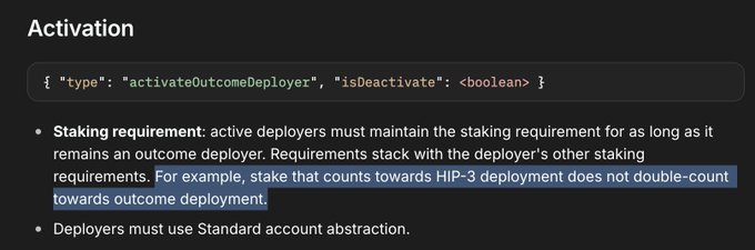 The image shows the "Activation" section of a documentation page, displaying a JSON object with `"type": "activateOutcomeDeployer"` and `"isDeactivate": <boolean>`, along with requirements that active deployers must maintain staking requirements that stack with existing stakes (such as HIP-3) and use Standard account abstraction. This supports the post's claim that HIP-3 deployer stake does not count toward HIP-4 outcome deployment requirements, meaning outcome market deployers like @Outcomexyz face a separate 500K HYPE staking obligation.