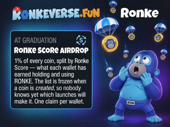 A promotional graphic for KONKEVERSE.FUN advertising the 'Ronke Score AIRDROP' at graduation, featuring a cartoon gorilla in 'RON' underwear watching parachuting gorilla coins.