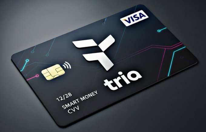 A dark Visa debit card branded "tria" with the text "SMART MONEY" and "CVV 12/28," featuring a circuit-board design and contactless chip, visually representing Tria's goal of simplifying crypto transactions into a familiar, seamless payment experience.