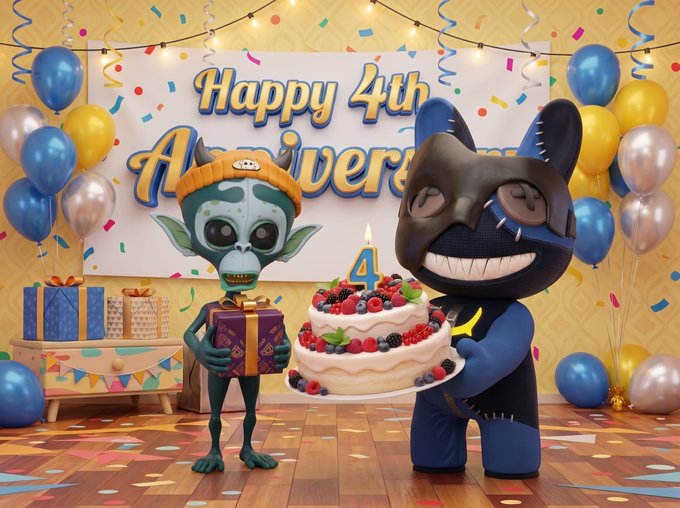 A 3D-rendered birthday celebration with characters resembling a zombie and a blue bat-like creature holding a present and a berry-topped cake, set against a banner partially reading 'Happy 4th Annivers'.