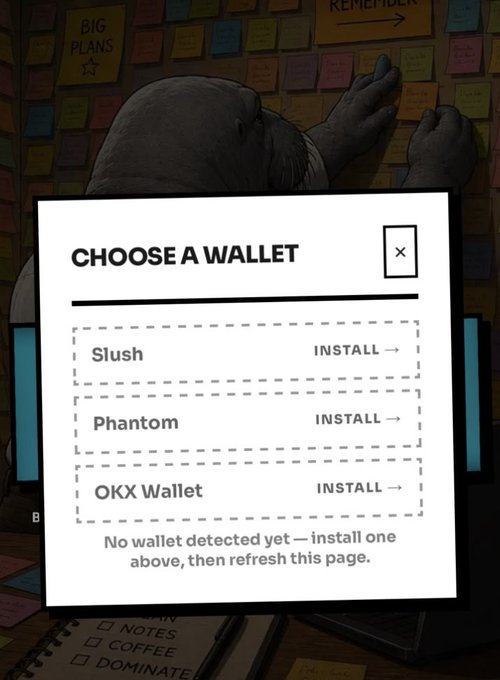 A pop-up menu overlaid on an illustration of a monkey at a desk, titled 'CHOOSE A WALLET' with install options for 'Slush', 'Phantom', and 'OKX Wallet', instructing 'No wallet detected yet — install one above, then refresh this page.'