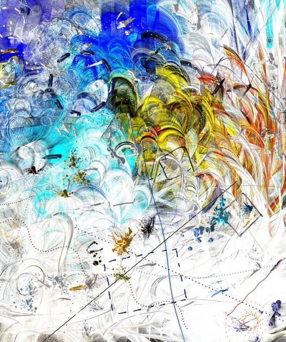 A vibrant abstract artwork combining swirling patterns of blue, white, yellow, and orange with sketched elements resembling birds and geometric shapes.