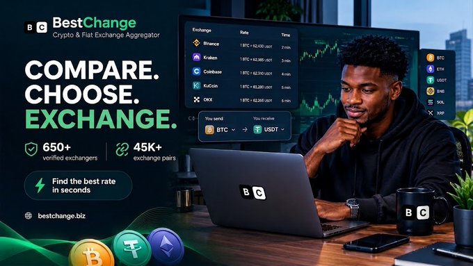 The image is a promotional graphic for BestChange, featuring a young man smiling at a laptop displaying exchange comparison data for BTC to USDT across platforms like Binance, Kraken, and Coinbase, with text highlighting "650+ verified exchangers" and "45K+ exchange pairs."

This visual directly supports the caption's claim by illustrating the convenience of BestChange's platform—showing the very comparison interface that simplifies swapping crypto and fiat into a single, easy-to-use view.