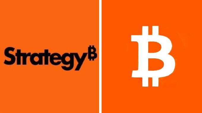 This split image shows the "Strategy" logo with a Bitcoin symbol incorporated into it, alongside the prominent Bitcoin symbol itself, illustrating the company's investment in the cryptocurrency.