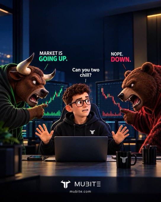 A 3D illustration shows a young man at a laptop being yelled at by a bull (saying 'MARKET IS GOING UP.') and a bear (saying 'NOPE. DOWN.'), while he replies 'Can you two chill?'. The Mubite logo and 'mubite.com' appear at the bottom.