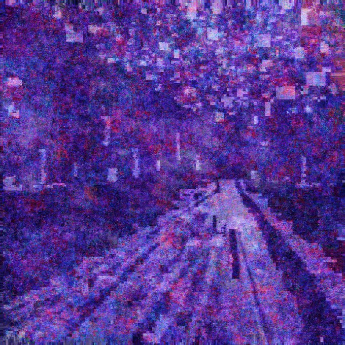 An abstract, pixelated, and highly textured artwork in shades of purple, blue, and pink with a vertical light streak pattern.