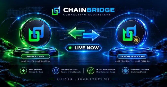 A promotional graphic for 'CHAINBRIDGE - CONNECTING ECOSYSTEMS' showing a 'LIVE NOW' cross-chain bridge between a 'SOURCE CHAIN' and 'DESTINATION CHAIN', featuring tags like 'FAST BRIDGING', 'SECURE & RELIABLE', 'MULTI-CHAIN SUPPORT', and 'SEAMLESS EXPERIENCE'.