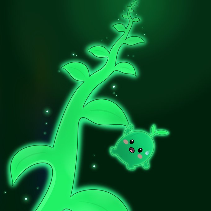 A cute digital illustration of a small, round green creature with a leafy stem hanging from a glowing green beanstalk against a dark background.