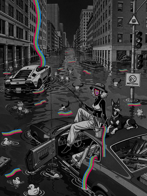 A stylized illustration depicts a woman fishing from atop a submerged car in a flooded city street, accompanied by a dog and rubber ducks, with a 'NO FISHING' sign visible.