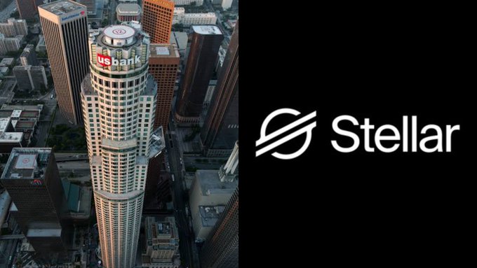 The image shows a split view: on the left, an aerial view of the U.S. Bank Tower in Los Angeles with its "usbank" logo visible at the top, and on the right, the Stellar blockchain logo displayed on a black background, visually representing the partnership between U.S. Bank and Stellar for the live cross-border stablecoin payment.
