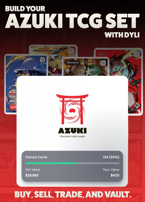 An advertisement for 'AZUKI TRADING CARD GAME' showing 134 (55%) owned cards valued at $28,892, with 'BUILD YOUR AZUKI TCG SET WITH DYLI' text.